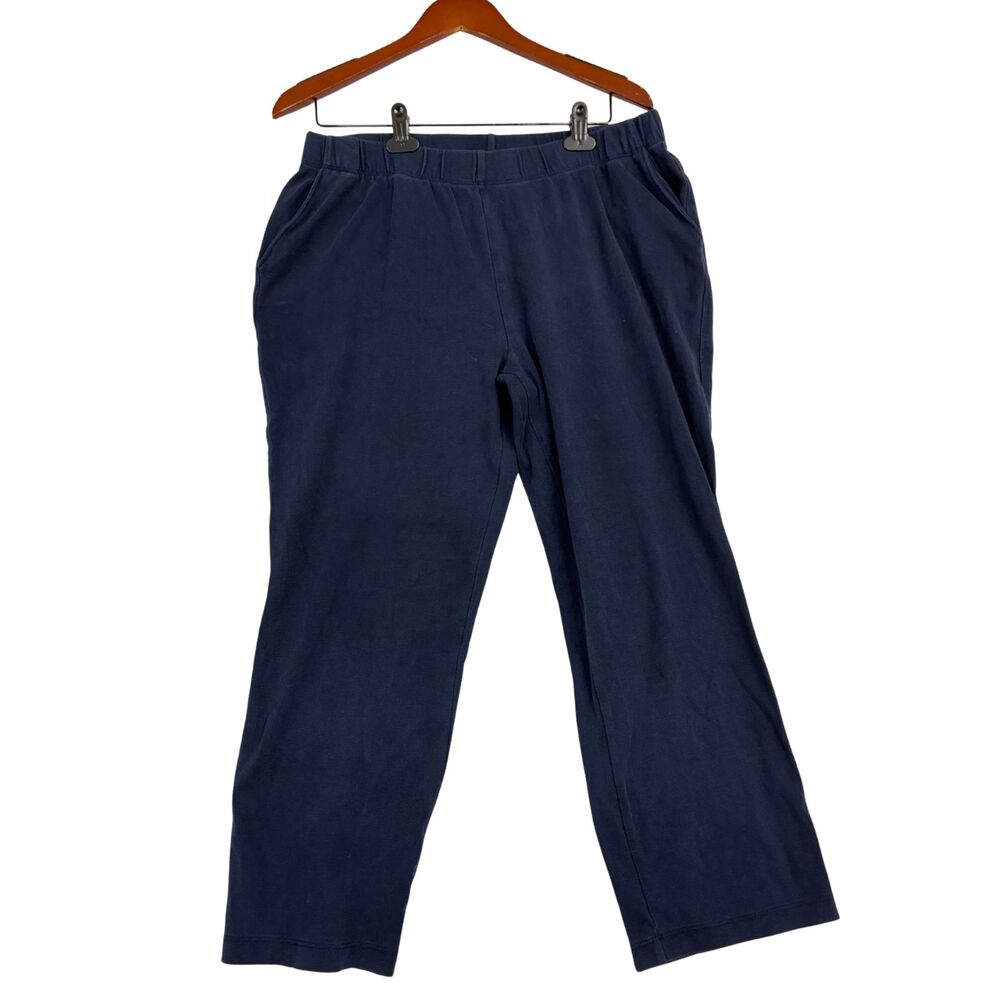 Lands End Sport Knit Straight Leg Pants Womens L Petite 14-16 Navy Blue Pull On